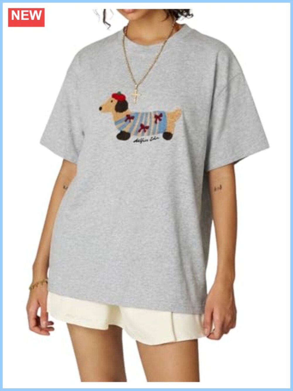Oversized Dog Embroidery T-Shirt Unisex Crew Neck Cotton Tee